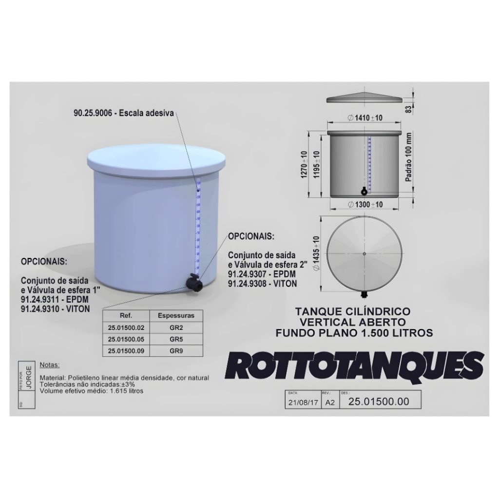 Tanque Vertical cilíndrico 1500 litros