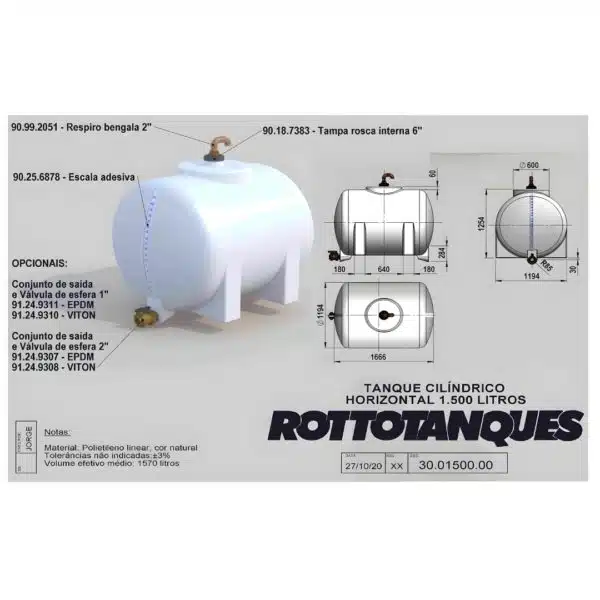 Tanque de polietileno cilíndrico 1500 litros