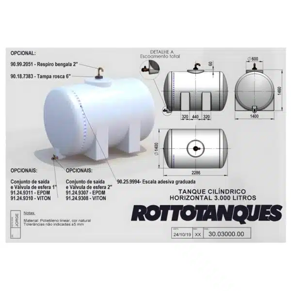 Tanque de polietileno cilíndrico 3000 litros