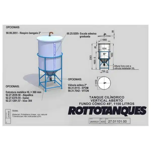 Tanque vertical cilíndrico 1100