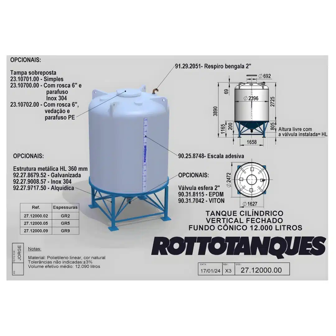 Tanque vertical cilíndrico 12000