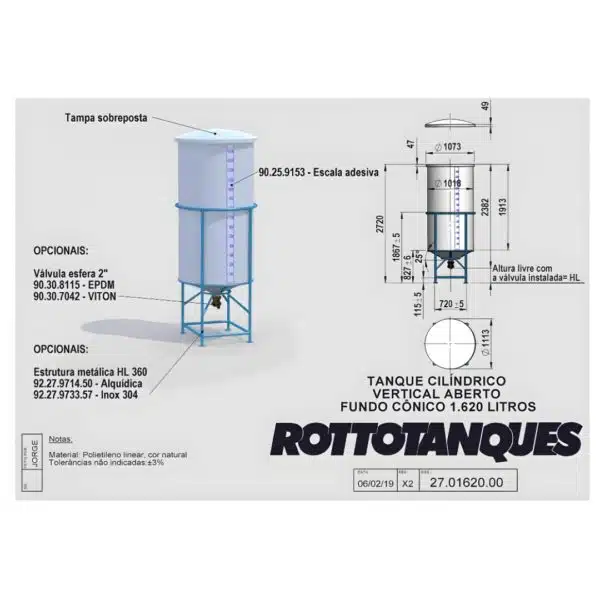 Tanque vertical cilíndrico 1620 litros