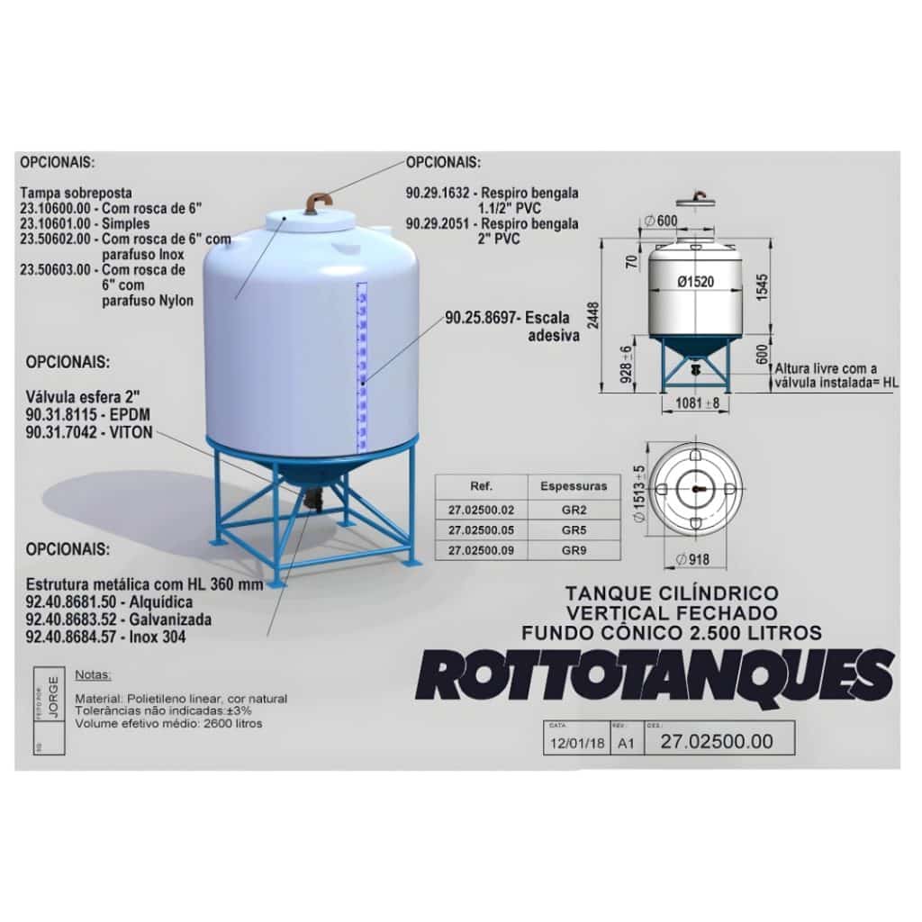 Tanque vertical cilíndrico 2500