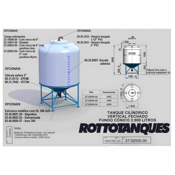 Tanque vertical cilíndrico 2500