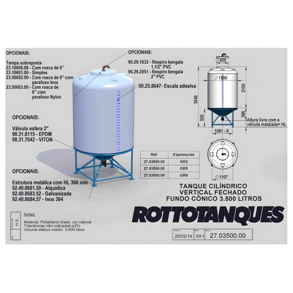 Tanque vertical cilíndrico 3500 litros