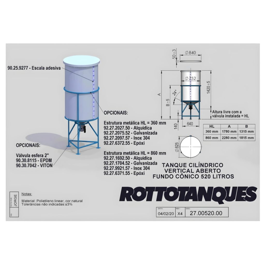 Tanque vertical cilíndrico 520 litros