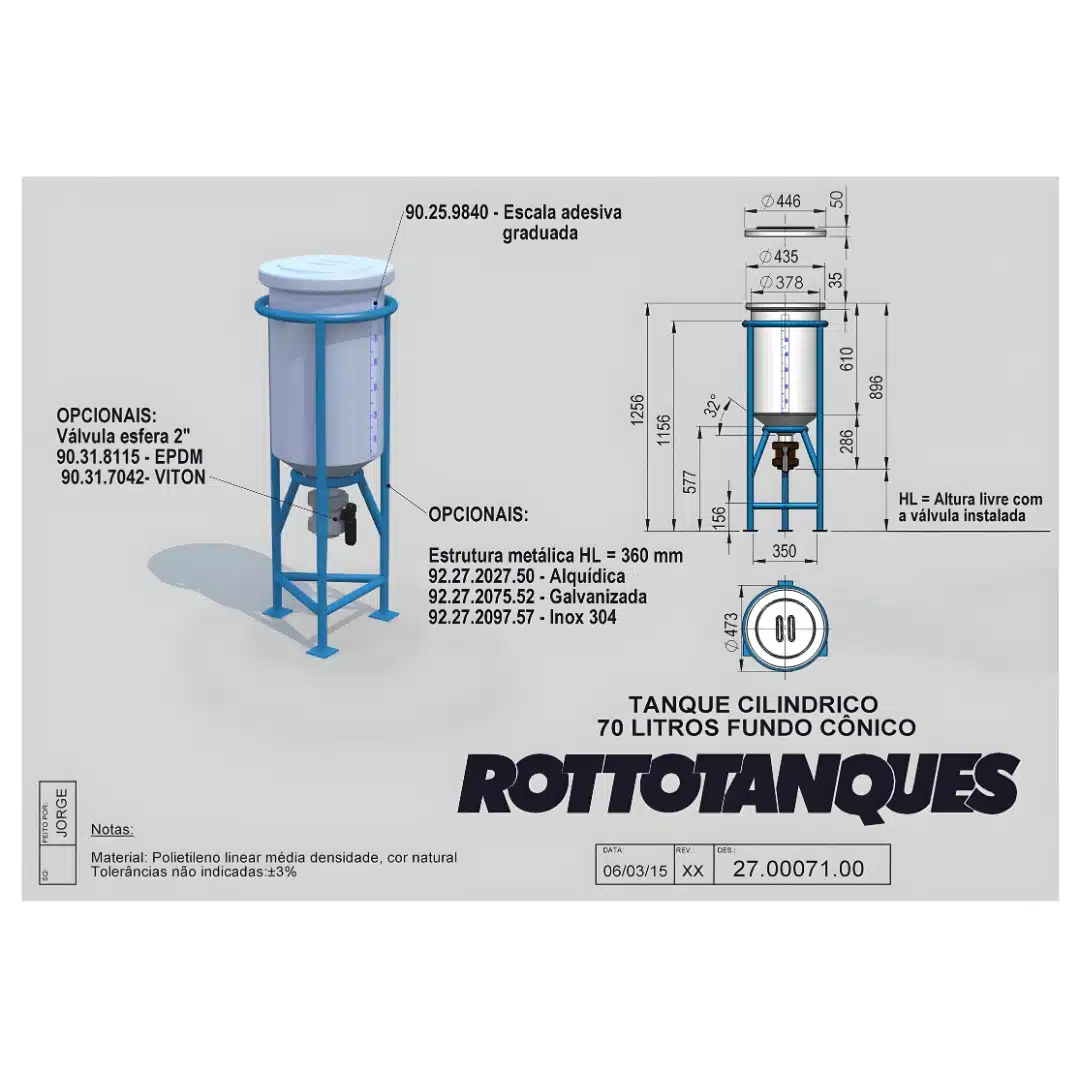 Tanque vertical cilíndrico 70 litros